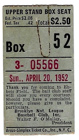 1952 Brooklyn Dodgers Program vs. NY Giants with Ticket Stub