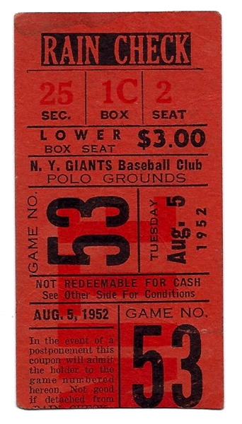 1952 NY Giants (15 Inning Game)vs. Brooklyn Program with Ticket Stub at Polo Grounds
