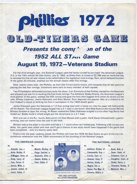 1972 Philadelphia Phillies Old Timers Game Program