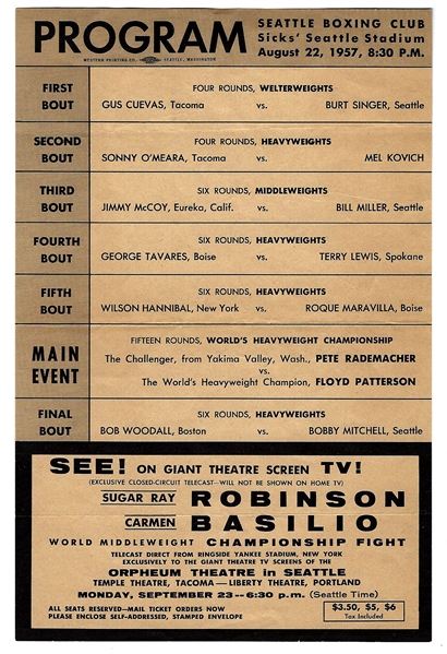 1957 Floyd Patterson vs. Pete Rademacher World Heavyweight Championship Handbill/Flyer