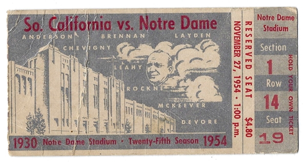 1954 Notre Dame (College Football) vs. Southern Cal ticket Stub