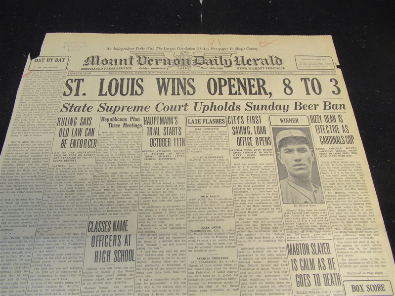 1934 Dizzy Dean (St. Louis Cardinals) World Series Opening Game 1 Newspaper