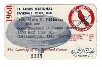 1968 St. Louis Cardinals Baseball Club Membership Card