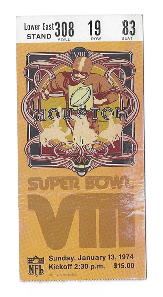 1974 Super Bowl VIII (8) - Miami Dolphins vs. Minnesota Vikings - Ticket Stub