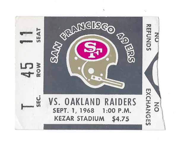 1968 SF 49'ers (NFL) vs. Oakland Raiders Game Ticket Stub