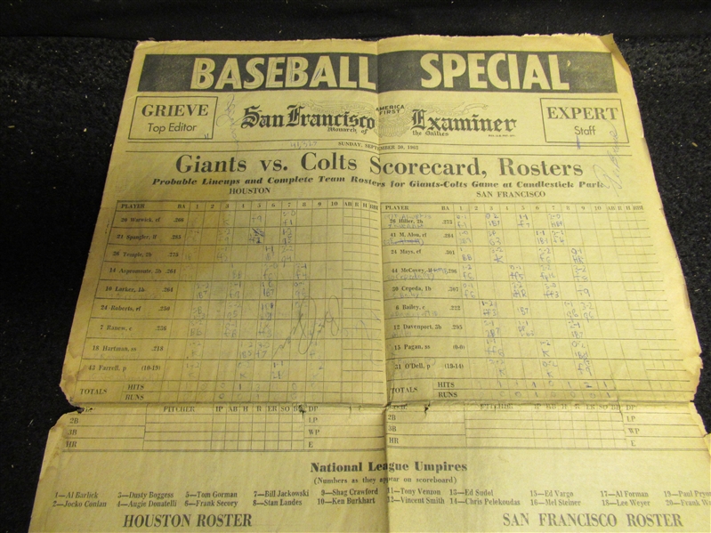 1962 SF Giants vs. Houston Colt 45's SF Examiner Newspaper Game Scorecard with Autographs