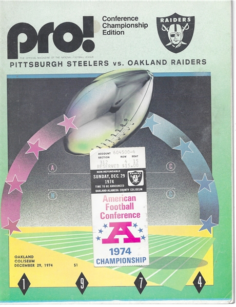 1974 AFC Conference Championship - Pittsburgh Steelers vs. Oakland Raiders - Official Program & Ticket Stub