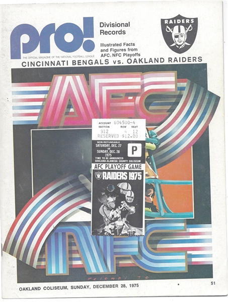 1975 AFC Divisional Playoff Game - Oakland Raiders vs. Cincinnati Bengals - Official Program & Ticket Stub