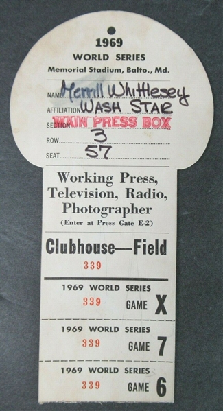 1969 World Series (Baltimore O's vs. NY Mets) Official Press/Field Pass at Memorial Stadium
