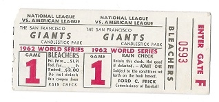 1962 World Series (SF Giants vs. NY Yankees) Game # 1 Bleacher Seat Ticket at SF