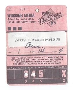 1989 World Series (A's vs. Giants) Working Media Press Pass