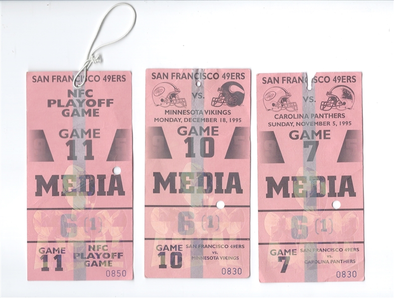 1995 SF 49'ers (NFL) Lot of (3) Game Used Media Passes Including (1) Playoff Game