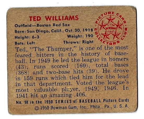 1950 Ted Williams (HOF) Bowman Baseball Card