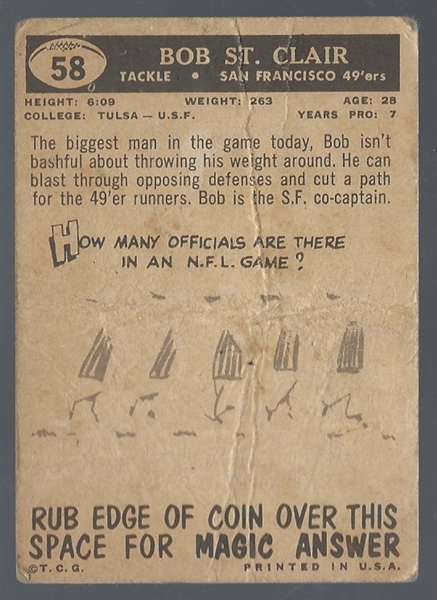 1959 Bob St. Clair (HOF) Topps Football Card - Lesser Condition