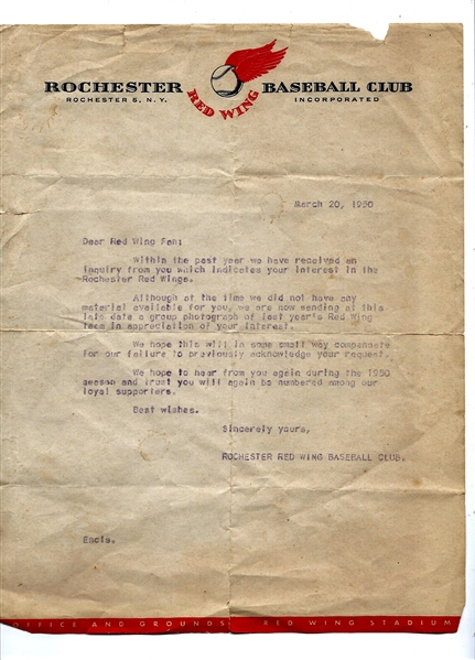 1950 Rochester Red Wings Front Office Form Letter To a Fan