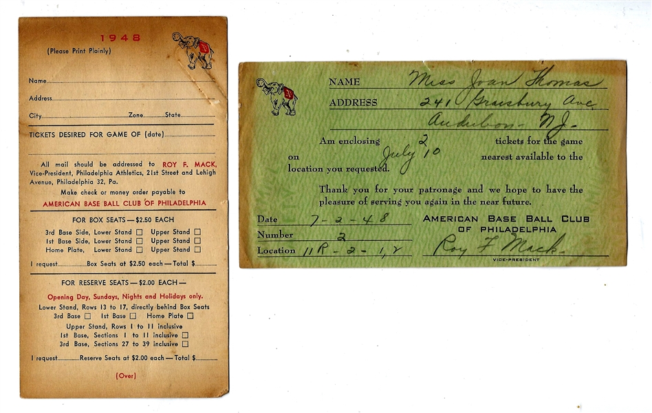 1948 Philadelphia Athletics Lot of (2) Ticket Order Forms