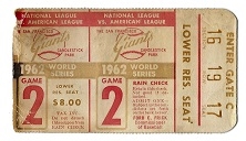 1962 World Series (SF Giants vs, NY Yankees) Game #2 Ticket Stub at Candlestick Park