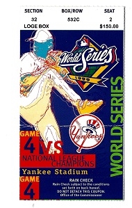 1999 World Series (NY Yankees vs. SD Padres) Game #4 Clinching Ticket at NY