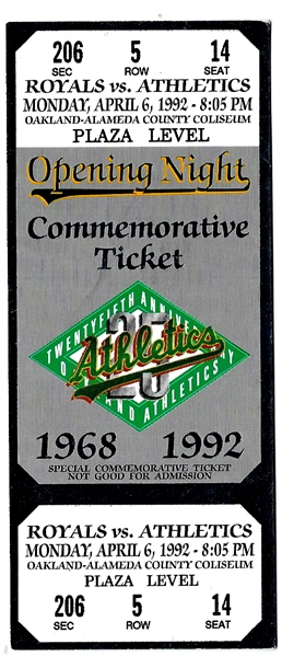 1992 Oakland A's Opening Night Commemorative (25th Anniversary) Ticket