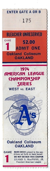 1974 ALCS (Oakland A's vs. Baltimore O's) Game # 1 Ticket Stub