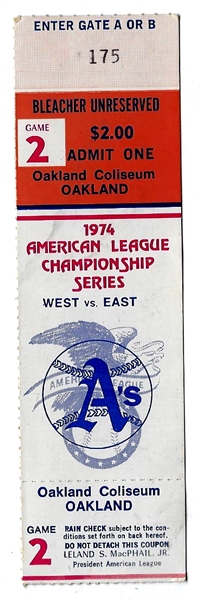 1974 ALCS (Oakland A's vs. Baltimore O's) Game # 2 Ticket Stub