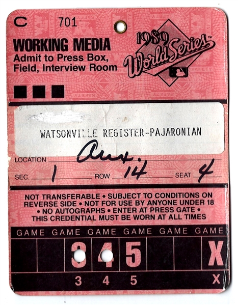 1989 World Series (A's vs. Giants) Working Media Press Pass