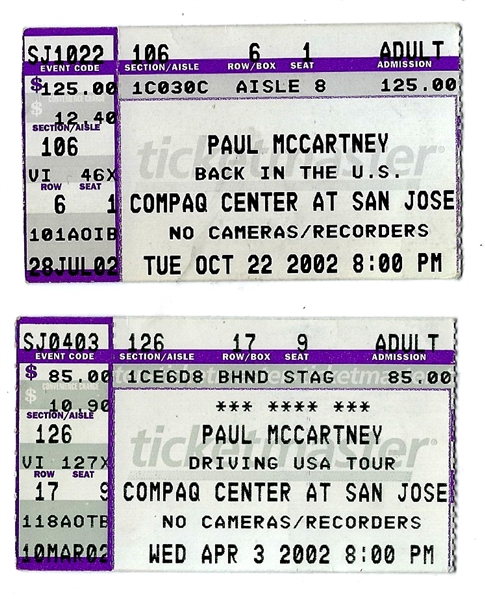 2002 Paul McCartney Lot of (2) Concert Tickets 