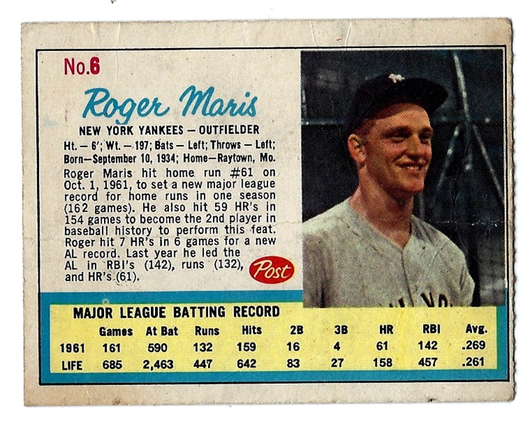 1962 Roger Maris (NY Yankees) Post Cereal Baseball Card from Life Magazine