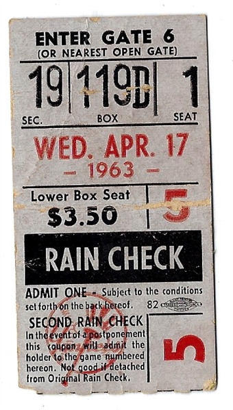 1963 NY Yankees vs. Detroit Tigers Ticket Stub (4/17/63) at Yankee Stadium