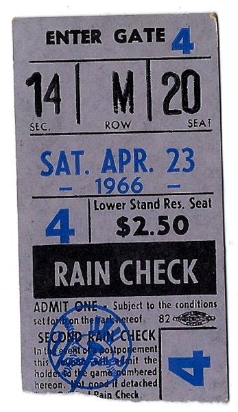 1966 NY Yankees vs. Baltimore Orioles Ticket Stub (4/23/66 at Yankee Stadium