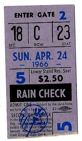 1966 NY Yankees vs. Baltimore Orioles Ticket Stub (4/24/66) at Yankee Stadium