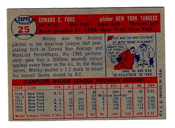 1957 Whitey Ford (HOF - NY Yankees) Topps Baseball Card - # 2 - Better Grade