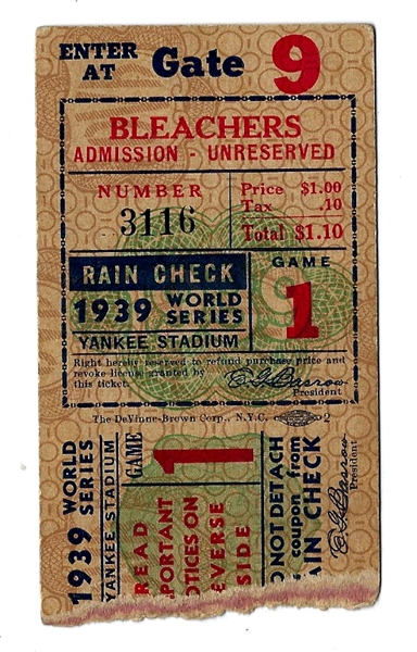 1939 World Series (Yanks vs. Reds) Game # 1 Ticket at Yankee Stadium