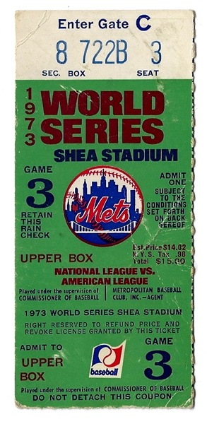 1973 World Series (NY Mets vs. Oakland A's) Game #3 Ticket Upper Box Seat