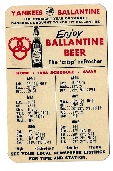 1958 NY Yankees (Ballantine Beer) Team Schedule 