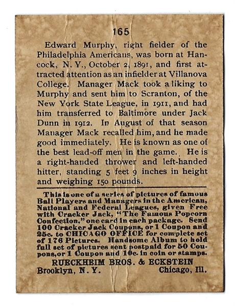 1915 Cracker Jack Card - Edward Murphy (Philadelphia Athletics) - Lesser Condition