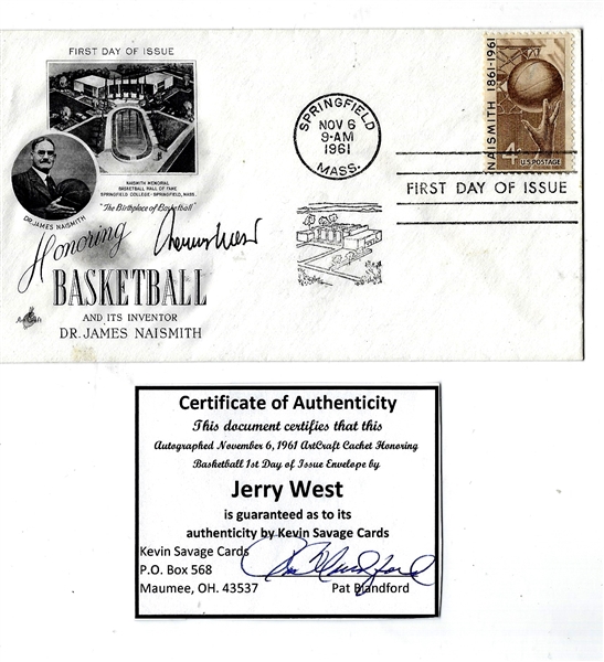 1961 Jerry West (HOF) Autographed Pro Basketball HOF Postal Cachet 1st Day Issue with COA