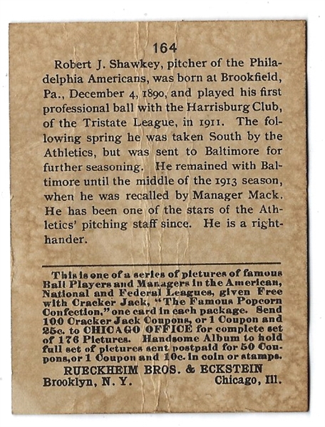 1915 Cracker Jack Card -  Bob Shawkey(Philadelphia Athletics) - Lesser Condition