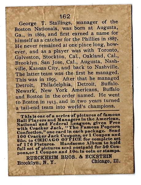 1915 Cracker Jack Card - George Stallings (Boston Braves) - Lesser Condition