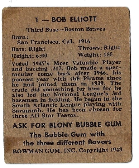 1948 Bowman Baseball Card - Bob Elliott (Boston Braves) 