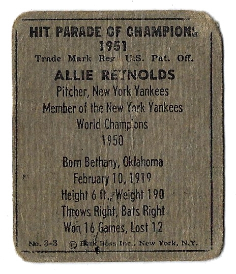 1951 Allie Reynolds (NY Yankees) Berk Ross Baseball Card