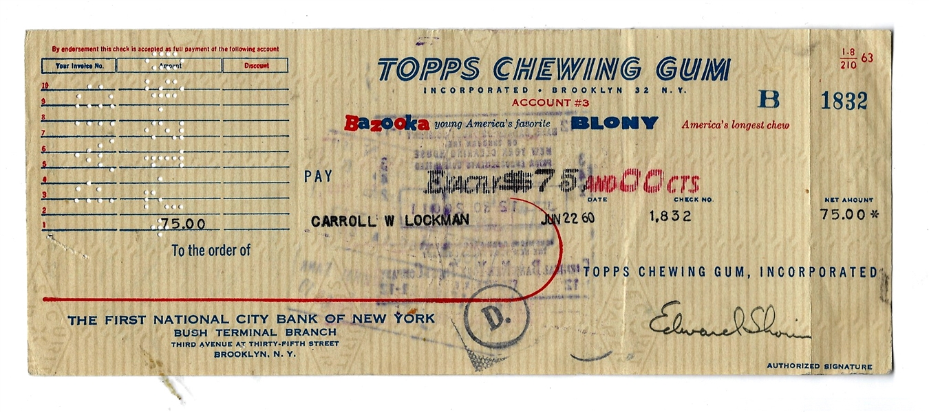 1960 Whitey Lockman (NY Giants) Topps Chewing Gum Co. Contract Check