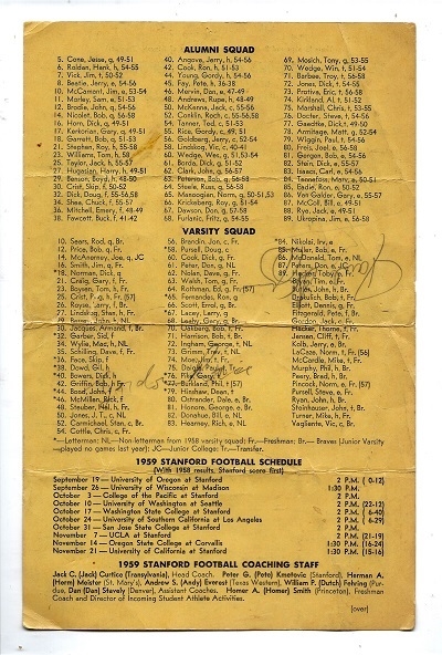 1959 Stanford Alumni (NCAA College   Football) vs. Stanford Varsity One page Scorecard with Autographs