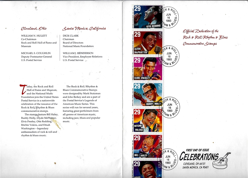 1993 The Legends of Rock & Roll (4) Page Booklet with (6) Canceled 1st Day Stamps