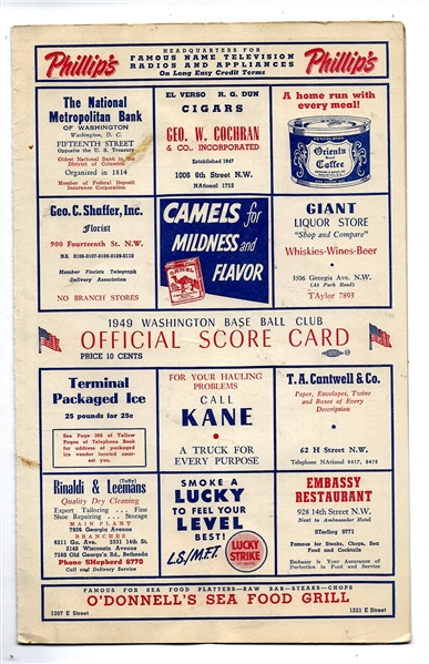 1949 Washington Senators (AL) vs. Boston Red Sox Official (4) Page Scorecard at Griffith Stadium