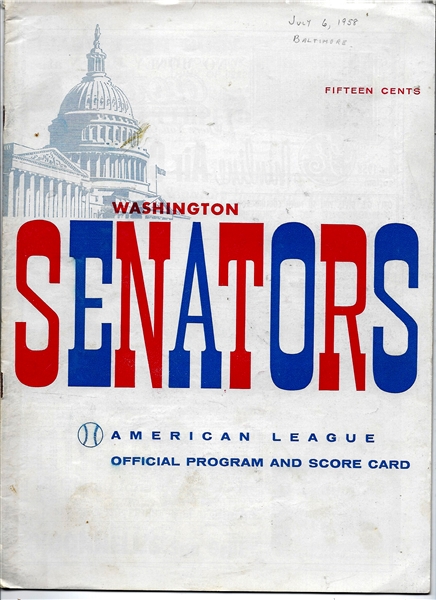 1958 Washington Senators (AL) vs. Baltimore O's Official Program at Griffith Stadium