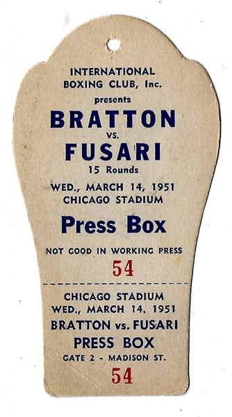 1951 Bratton vs. Fusari Boxing Press Box Pass from Chicago Stadium