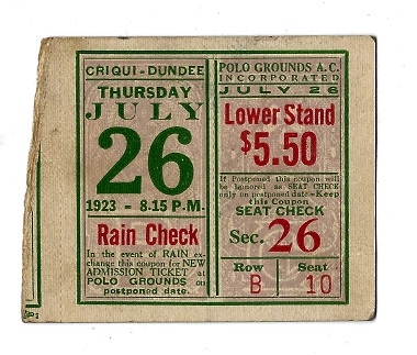 1923 Criqui vs. Dundee  World Featherweight Championship Ticket Stub
