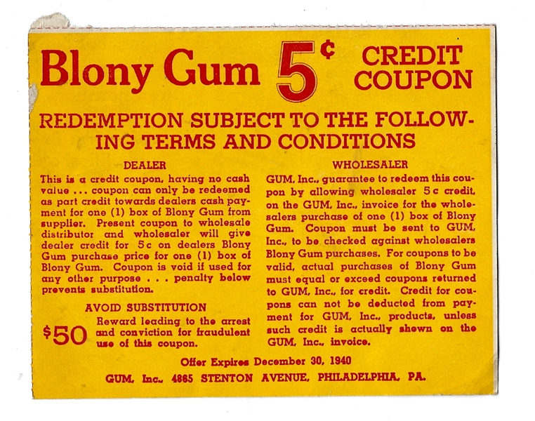 1940 Bowman  Blony Gum (Gum Inc.) Redemption Coupon # 2