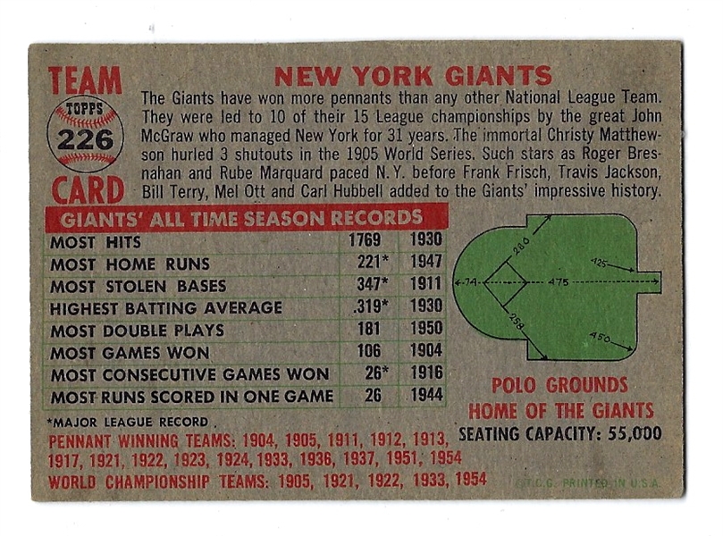 1956 NY Giants (MLB) Team Card - # 226 in the Set